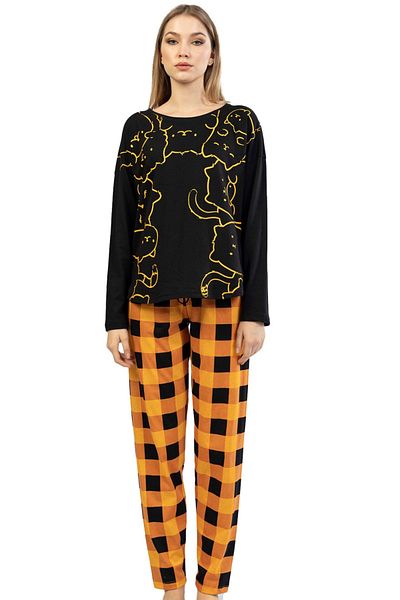 VİENETTA Set de pijamale din bumbac cu mâneci lungi, cu gât rotund, cu fustă ovală, negru, pentru femei