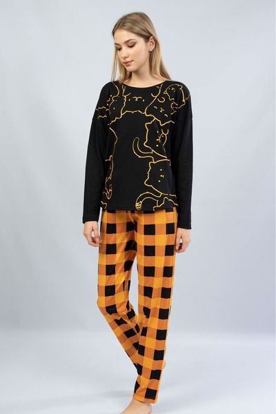 VİENETTA Жіночий чорний довгий рукав круглий комір овальна спідниця бавовняний піжамний комплект повний крій