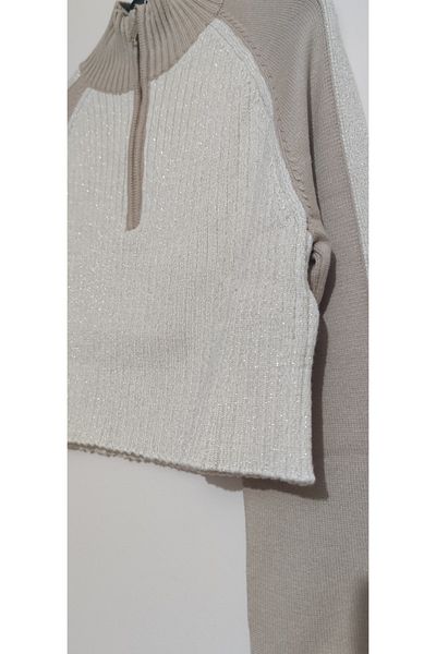 Dilvin 10438 Pulover cu sclipici cu fermoar pe jumătate de pescar-crem