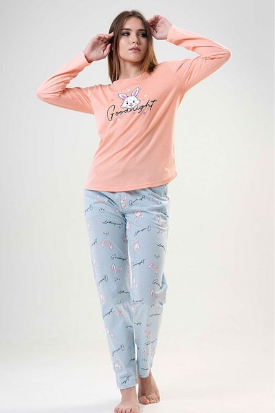 VİENETTA Set de pijamale din bumbac, albastru somon, cu mâneci lungi, cu gât rotund, cu tiv oval, pentru femei