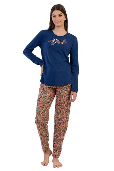 VİENETTA Set de pijamale din bumbac, cu mâneci lungi, cu mâneci lungi, cu gât rotund, albastru bleumarin