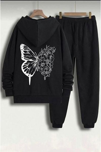 Sky Light Unisex Back Butterfly Printed Cotton Tracksuit Set - Hooded Sweatshirt High Waist Jogger