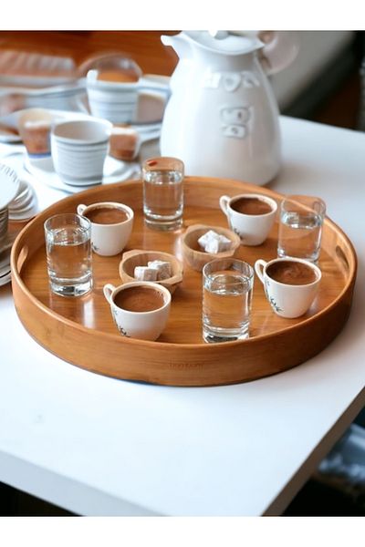 Akkoyunlu home Round Tray 35 Cm Bamboo Presentation Serving Tray