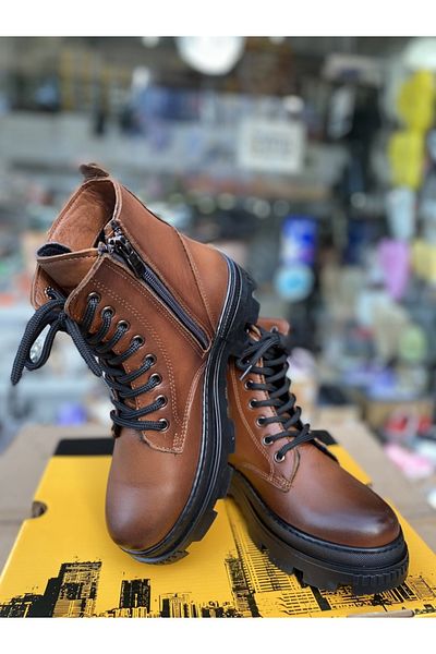 Bulldozer Γνήσιο δέρμα Tan Ορθοπεδικό φερμουάρ Lace Up Γούνινο Εσωτερικό Γυναικείο Μποτάκι