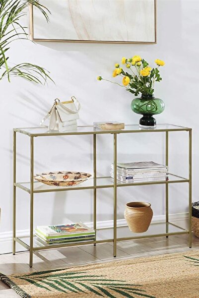 TOLIAHOME Modern 3 Katlı Gold Renk Metal İskeletli Temper Cam Raflı Dresuar K...