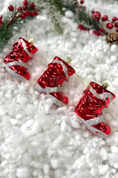 Huzur Party Store Red Metallic Color Silver Glitter Striped Boots 3 Pieces 9 Cm Christmas Pine Tree New Year Tree Ornament