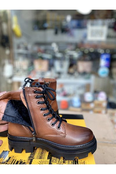 Bulldozer Γνήσιο δέρμα Tan Ορθοπεδικό φερμουάρ Lace Up Γούνινο Εσωτερικό Γυναικείο Μποτάκι