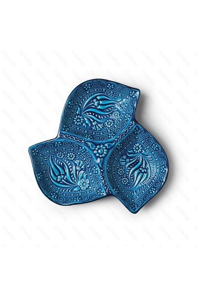 Lemose El Yapımı Kabartmalı Türk Seramiği, Seramik 3 Bölümlü Dekoratif Tabak, Mavi Atıştırmalık Tabağı