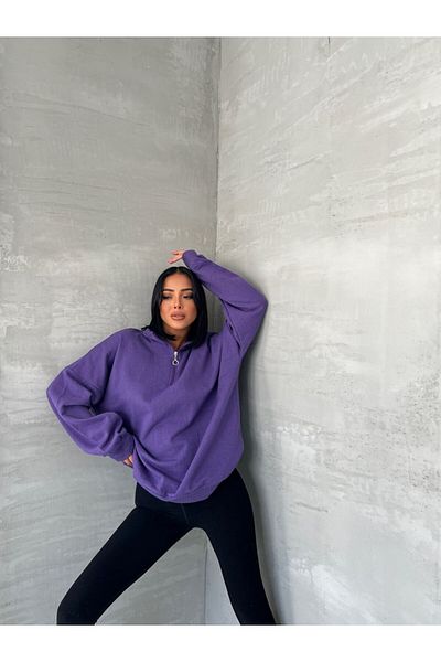 Esr Moda Women's Purple Oversize Collar Half Zipper Bato Collar Plain Elastic Sweatshirt Pullover