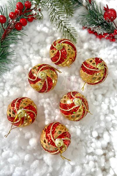 Huzur Party Store Red Gold Color Cici Ball 6 Pieces 5 Cm Gold Foil Patterned Ornament Christmas Pine Tree New Year Tree Ornament