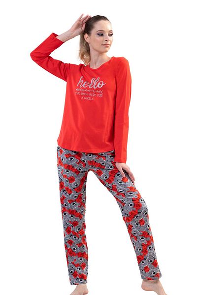 VİENETTA Set de pijamale din bumbac, roșu, cu mânecă lungă, cu gât rotund, cu tiv oval