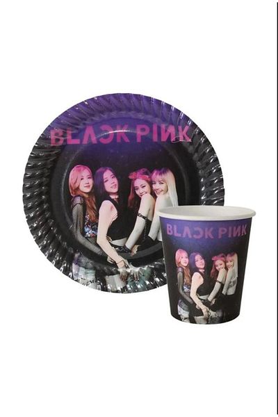 PartAntalya Cupă cu farfurie Black Pink pentru 8 persoane Rechizite pentru petrecere Zi de naștere