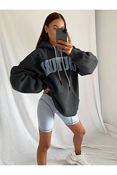 Machetta Unisex Büyük Beden Füme Couture Baskılı Kapüşonlu Oversize Sweatshirt Hoodie