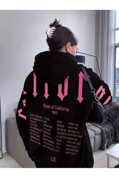 Machetta Unisex Large Size Black State Of Printed Hooded Oversize Φούτερ με κουκούλα