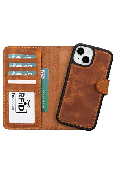 PLM Apple iPhone 15 Uyumlu Deri Cüzdanlı Kılıf MWWN G19 Taba
