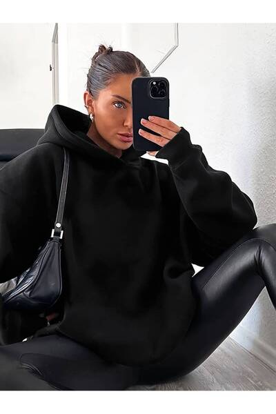 Machetta Unisex Large Size Black State Of Printed Hooded Oversize Φούτερ με κουκούλα