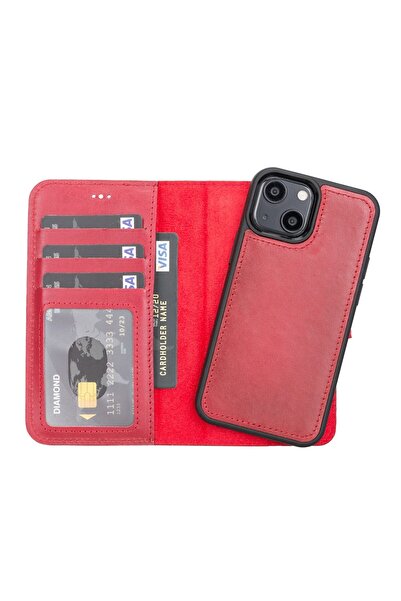 PLM Apple iPhone 13 Mini Uyumlu Deri Cüzdanlı Kılıf V4EF Kırmızı