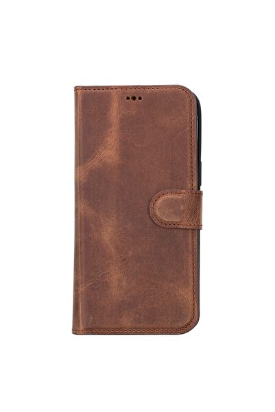 PLM Apple iPhone 14 Pro Max Uyumlu Deri Cüzdanlı Kılıf MWWN G2 Kahve