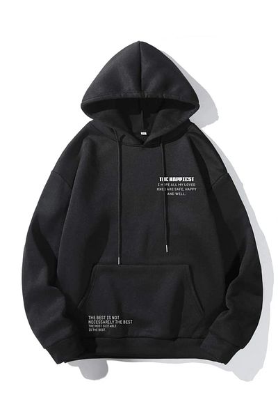 JDM Унисекс суитшърт с качулка и принт Happiest Oversize в черно