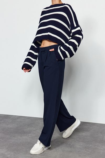 Edit by Trendyol Navy Blue Pleated Palazzo Woven Trousers TWOAW24PL00383