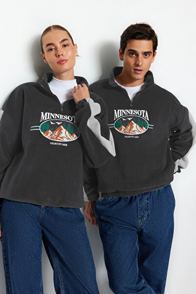 Trendyol Collection Антрацит Unisex Oversize/Широкий крій Стоячий комір Антипілінговий Полярний світшот TMNAW24SW00034