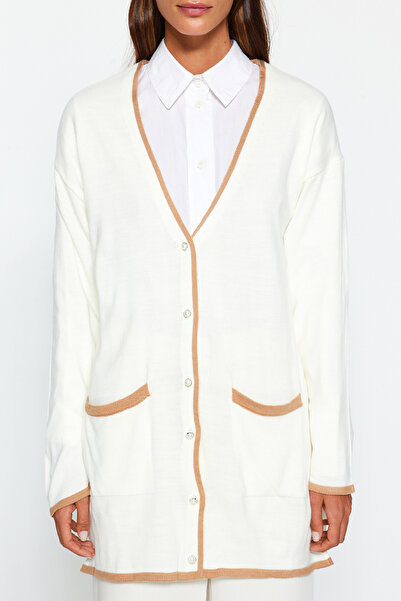 Trendyol Modest Ecru Color Blocked Pearl Buttoned Knitwear Cardigan TCTAW24TH00066
