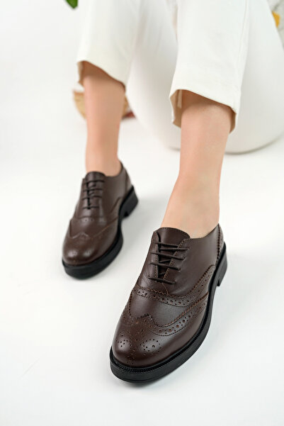 GNS Shoes Hakiki Deri Kahverengi Bağcıklı Kadın Ayakkabısı