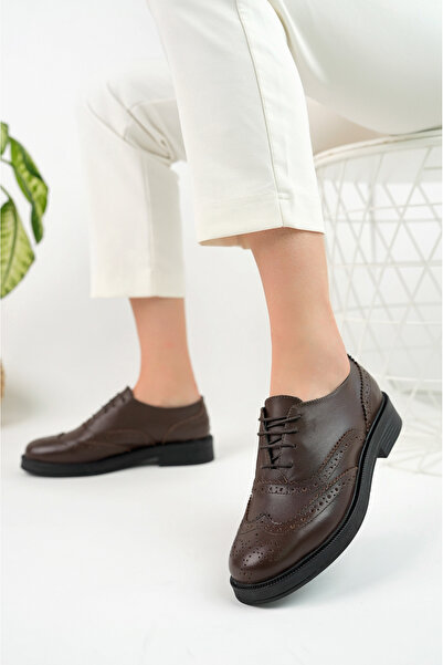 GNS Shoes Hakiki Deri Kahverengi Bağcıklı Kadın Ayakkabısı