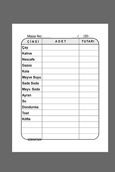 Gürmatsan Matbaa Kırtasiye ve Ofis Oyun Fişi, Masa Oyunu Defteri Masa Oval Adisyon