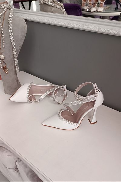 LA CALZATURE White Leather Three Rows of Stones 11cm Champagne Heels with Ankle Belt Evening Dress Stiletto Women's Shoes