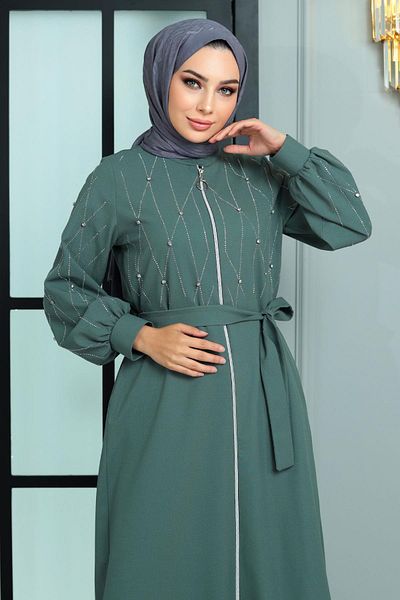 Modamihram Stone Detailed Abaya Mint 19161