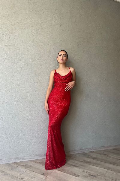 Seda Yalçın Atelier Red Strap Slit Detailed Backless Sequin Dress