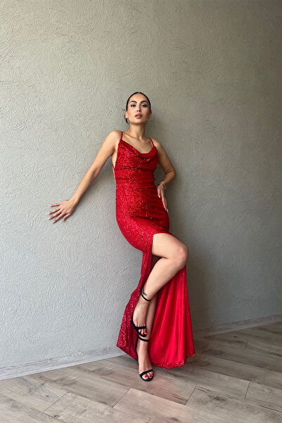 Seda Yalçın Atelier Red Strap Slit Detailed Backless Sequin Dress