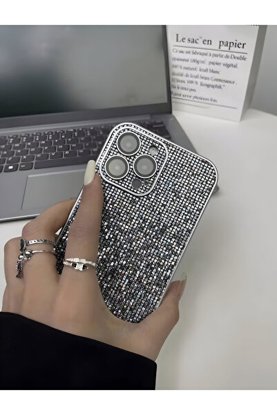 Apple iPhone 14 Plus Uyumlu Taşlı Simli Kamera Lens Korumalı Kılıf