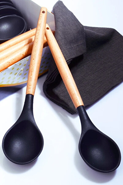 Rotanev Bamboo Handle Silicone Spoon Black 2 Pieces