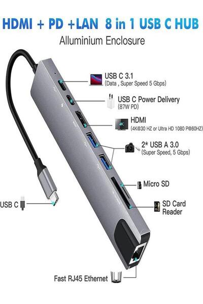 UPEKA Pro Air USB Type-C Hub Dönüştürücü Çevirici Çoklayıcı USB Hdmı Micro Sd 8 Girişli 8In1 Uyumlu