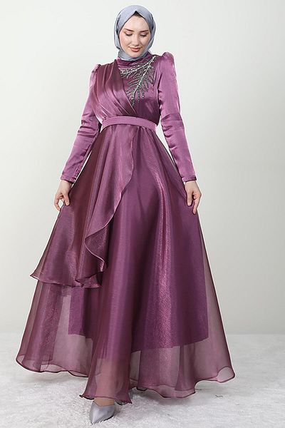 Giza Giyim Stoned Organza Evening Dress Lilac