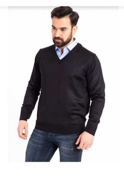 BLUEMOOR Men's Brown V-Neck Fine Wool Knitwear Sweater