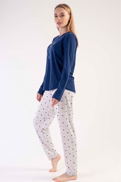 VİENETTA Жіночий темно-синій довгий рукав круглий комір овальна спідниця бавовняний піжамний комплект повний крій