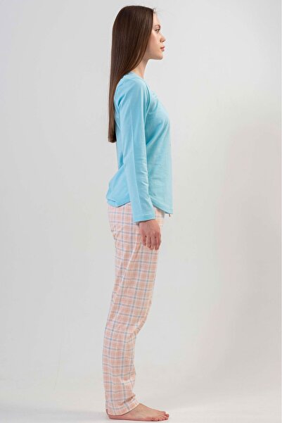 VİENETTA Жіночий СИНІЙ Довгорукавний Комір Овальний Спідниця Бавовняний Піжамний Комплект Повний Крій