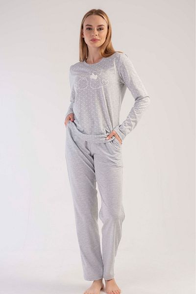 VİENETTA Set de pijamale din bumbac, gri, cu mâneci lungi, cu gât rotund, cu buzunare