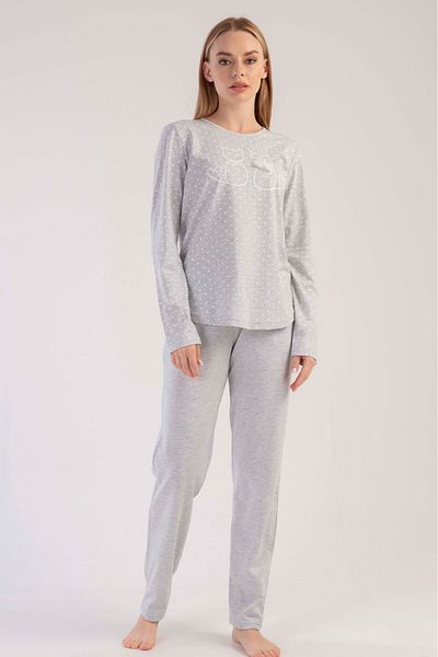VİENETTA Set de pijamale din bumbac, gri, cu mâneci lungi, cu gât rotund, cu buzunare