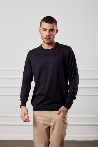 Diandor Men's O Neck Wool Plain Knitwear Sweater Navy Blue