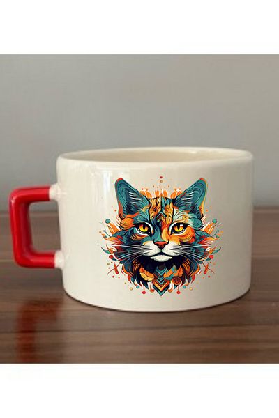 lili hediyelik Cat Printed Cup with Red Handle Ceramic Mug - Ceramic Tea, Coffee Gift Cup