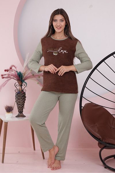Yabgu BROWN MINT COLOR WINTER PLUSH PAJAMA SET