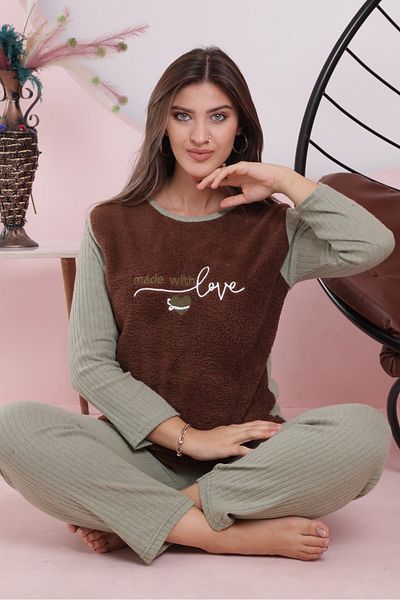 Yabgu BROWN MINT COLOR WINTER PLUSH PAJAMA SET