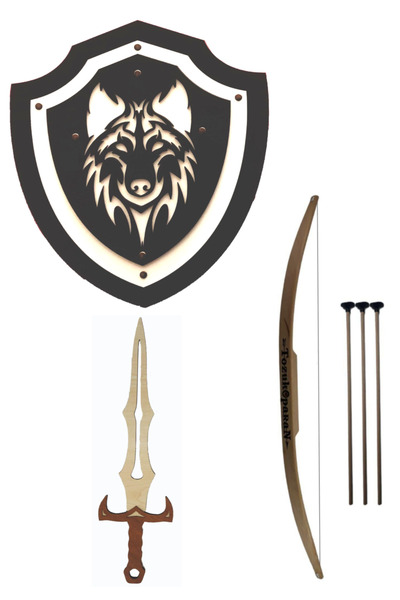 Kiri Ahşap oyuncak seti 3lü set Kılıç kalkan ok ve yay