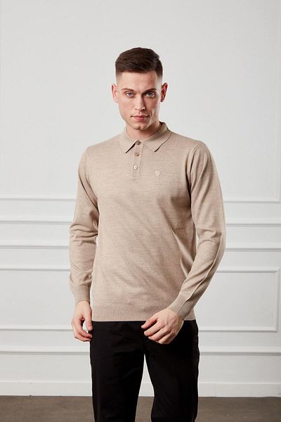 Diandor Men's Polo Collar Wool Plain Knitwear Sweater Beige