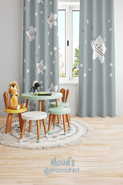 Moud's Sweet Star Pattern Printed Children's and Baby's Room Background Curtain with 2 Wings - PRD-13