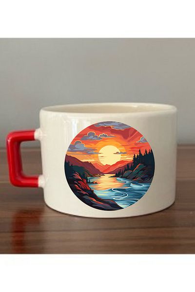 lili hediyelik Sunrise Printed Ceramic Cup with Red Handle - Ceramic Tea, Coffee Gift Cup